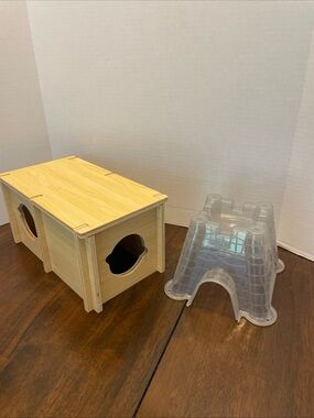 Lot Of 2 Hamster Hideout Natural Wood Tunnel Hide Platform Top. Plastic Castle.
